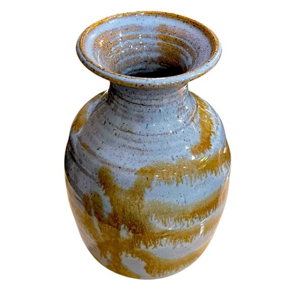 Vtg 1981 Hand-Thrown Studio Pottery Blue & Brown Drip Glaze Stoneware Vase 7.5" - Picture 9 of 14